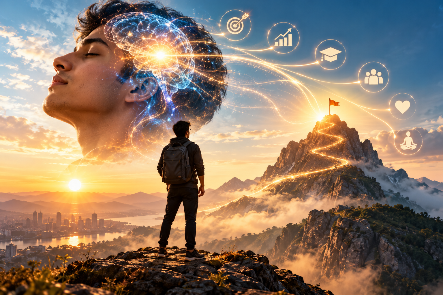 Conceptual illustration of a young man looking towards a mountain summit representing goals