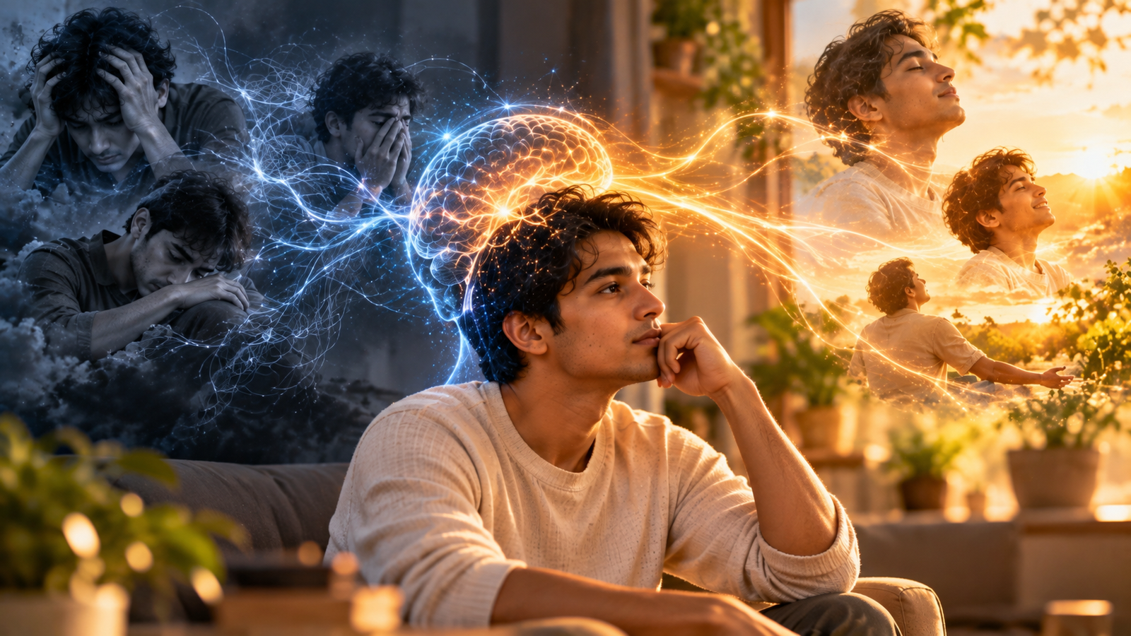 Conceptual illustration of a man reflecting on the connection between mind and physical experience